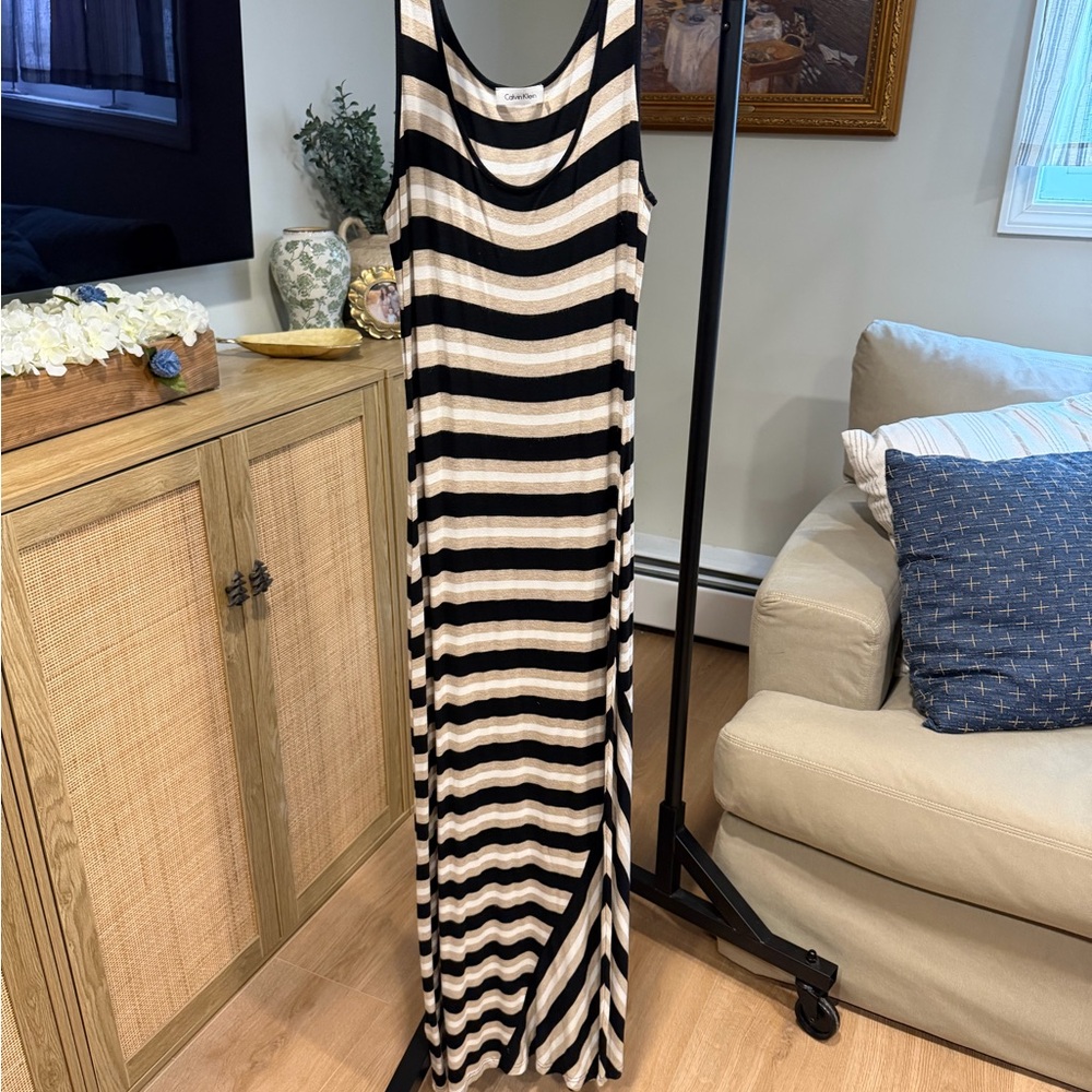 Calvin Klein Striped Black and Cream Maxi Dress